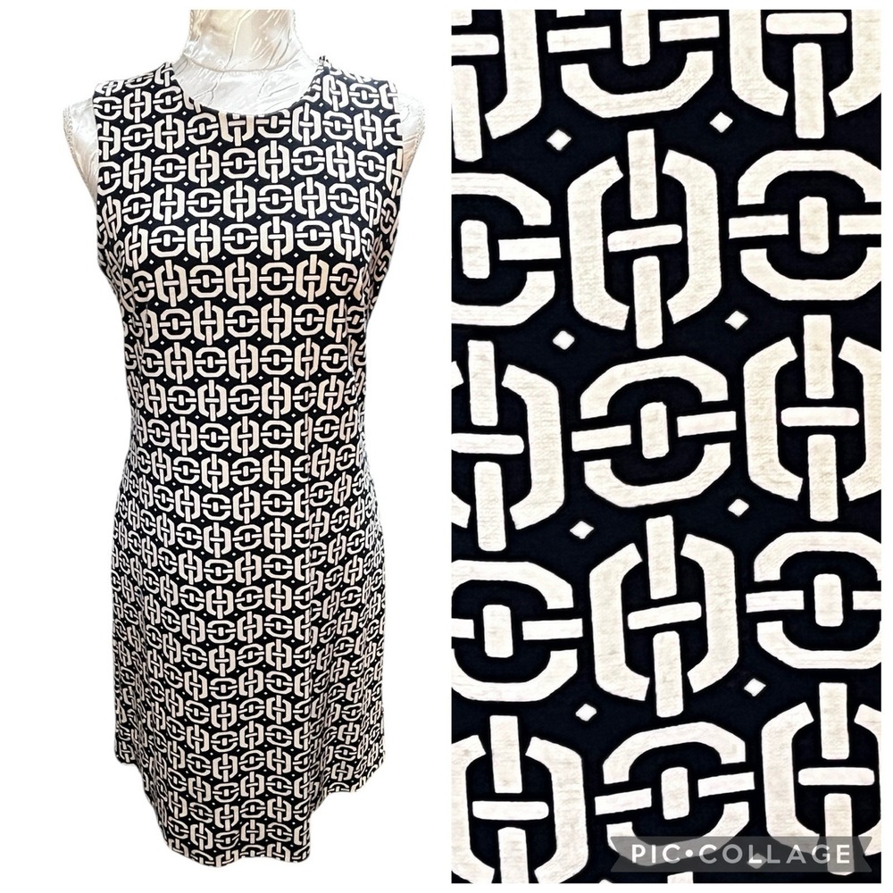 Banana Republic Sz 6 Stretchy sheath dress Link Print Office Navy Blue White